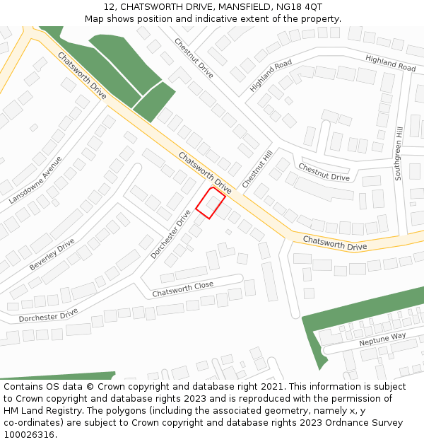 12, CHATSWORTH DRIVE, MANSFIELD, NG18 4QT: Location map and indicative extent of plot