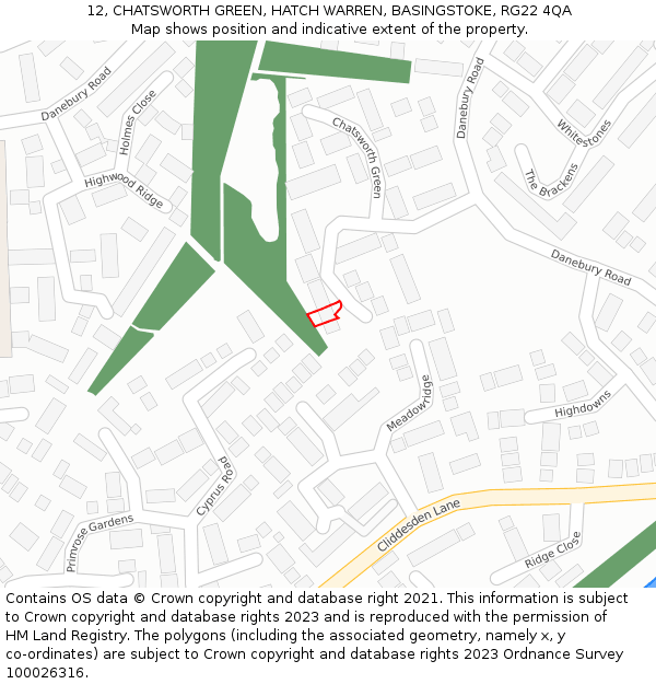 12, CHATSWORTH GREEN, HATCH WARREN, BASINGSTOKE, RG22 4QA: Location map and indicative extent of plot