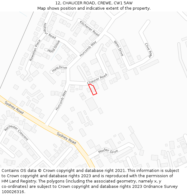 12, CHAUCER ROAD, CREWE, CW1 5AW: Location map and indicative extent of plot