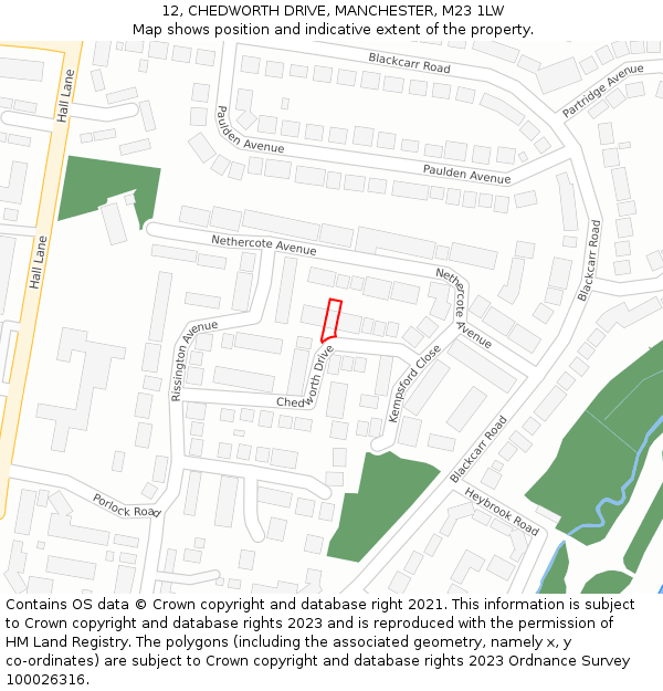 12, CHEDWORTH DRIVE, MANCHESTER, M23 1LW: Location map and indicative extent of plot