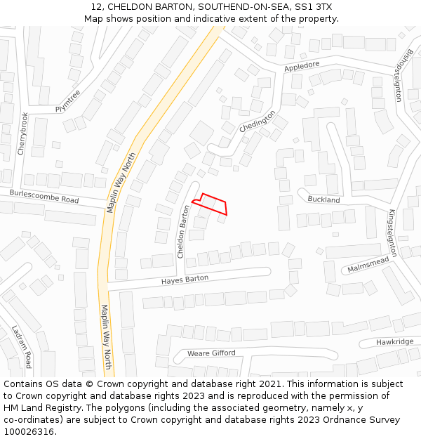 12, CHELDON BARTON, SOUTHEND-ON-SEA, SS1 3TX: Location map and indicative extent of plot