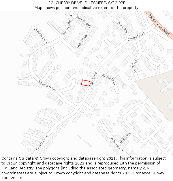 12, CHERRY DRIVE, ELLESMERE, SY12 9PF: Location map and indicative extent of plot