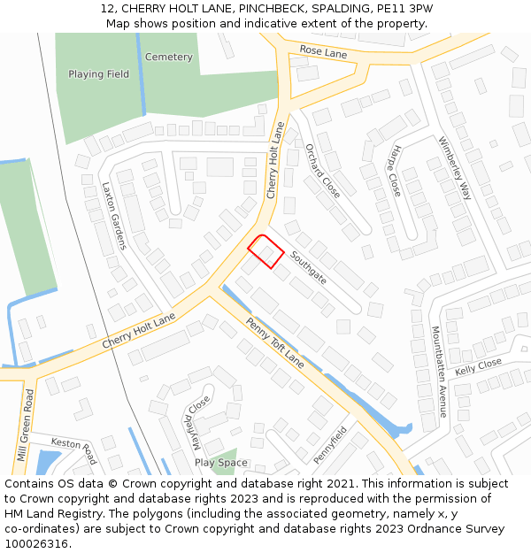 12, CHERRY HOLT LANE, PINCHBECK, SPALDING, PE11 3PW: Location map and indicative extent of plot