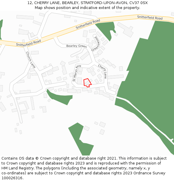 12, CHERRY LANE, BEARLEY, STRATFORD-UPON-AVON, CV37 0SX: Location map and indicative extent of plot