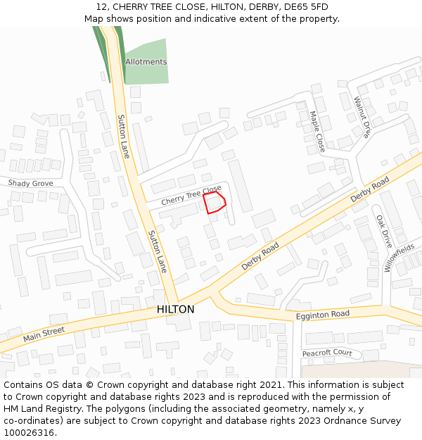12, CHERRY TREE CLOSE, HILTON, DERBY, DE65 5FD: Location map and indicative extent of plot