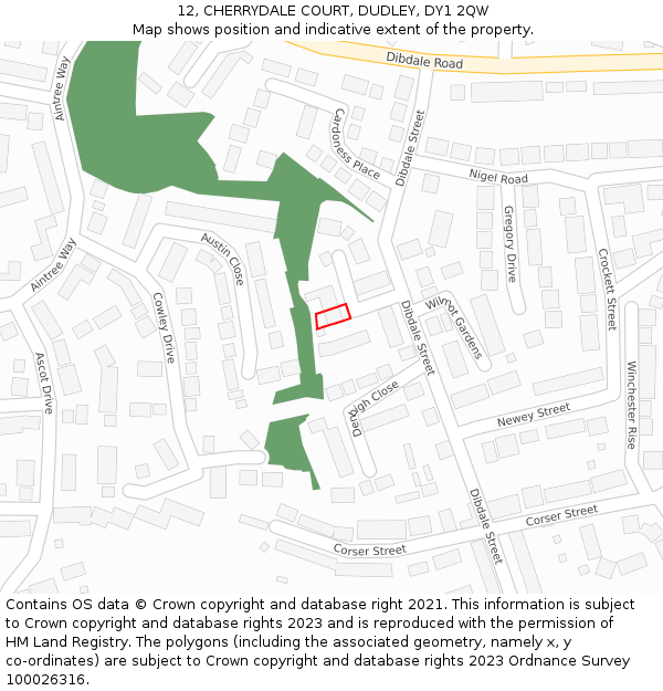 12, CHERRYDALE COURT, DUDLEY, DY1 2QW: Location map and indicative extent of plot