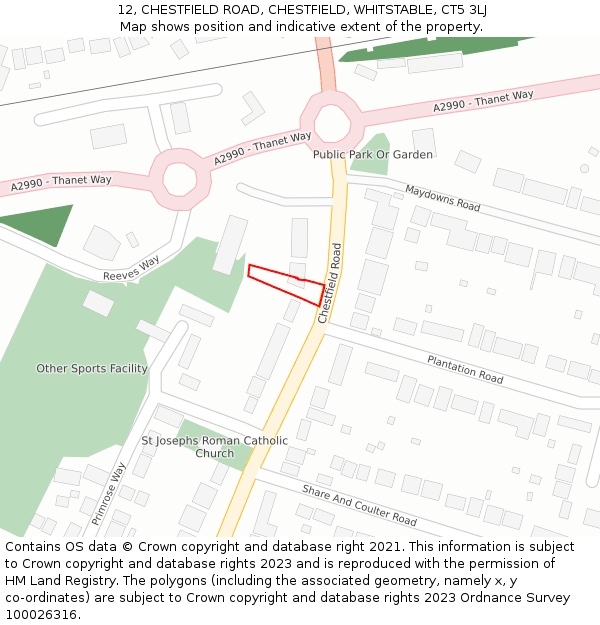 12, CHESTFIELD ROAD, CHESTFIELD, WHITSTABLE, CT5 3LJ: Location map and indicative extent of plot