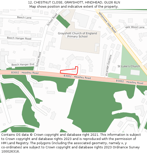 12, CHESTNUT CLOSE, GRAYSHOTT, HINDHEAD, GU26 6LN: Location map and indicative extent of plot