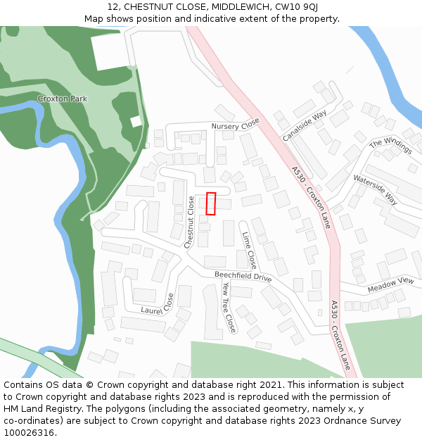 12, CHESTNUT CLOSE, MIDDLEWICH, CW10 9QJ: Location map and indicative extent of plot
