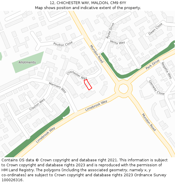 12, CHICHESTER WAY, MALDON, CM9 6YY: Location map and indicative extent of plot