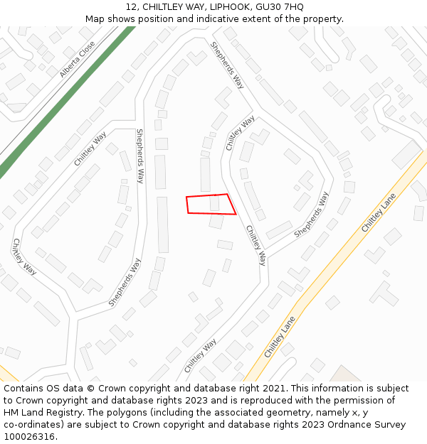 12, CHILTLEY WAY, LIPHOOK, GU30 7HQ: Location map and indicative extent of plot