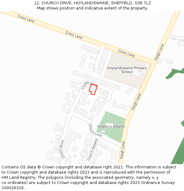 12, CHURCH DRIVE, HOYLANDSWAINE, SHEFFIELD, S36 7LZ: Location map and indicative extent of plot