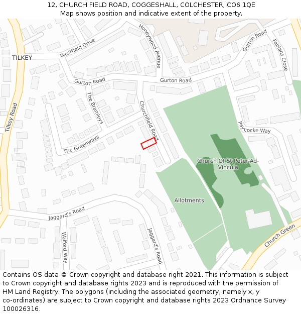 12, CHURCH FIELD ROAD, COGGESHALL, COLCHESTER, CO6 1QE: Location map and indicative extent of plot