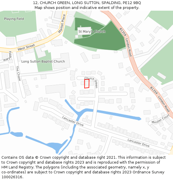 12, CHURCH GREEN, LONG SUTTON, SPALDING, PE12 9BQ: Location map and indicative extent of plot