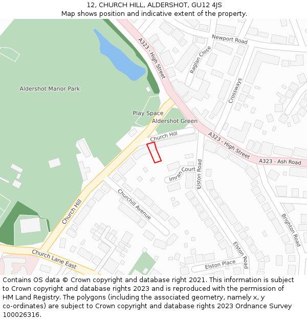 12, CHURCH HILL, ALDERSHOT, GU12 4JS: Location map and indicative extent of plot