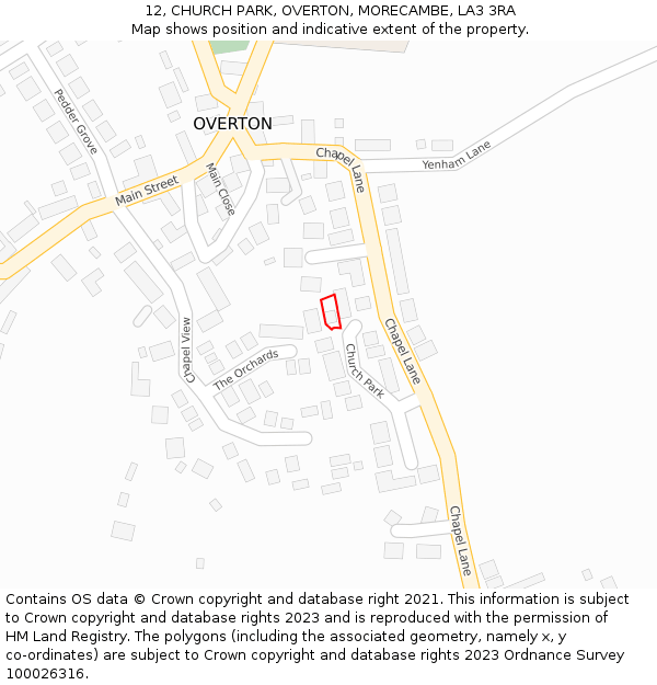 12, CHURCH PARK, OVERTON, MORECAMBE, LA3 3RA: Location map and indicative extent of plot