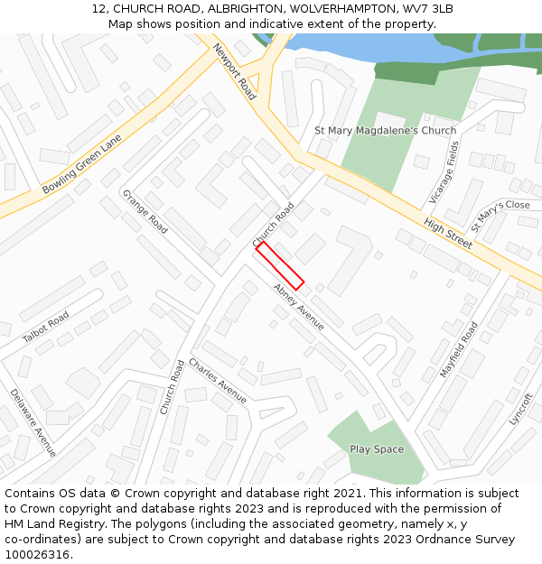 12, CHURCH ROAD, ALBRIGHTON, WOLVERHAMPTON, WV7 3LB: Location map and indicative extent of plot