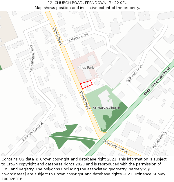 12, CHURCH ROAD, FERNDOWN, BH22 9EU: Location map and indicative extent of plot