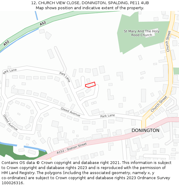 12, CHURCH VIEW CLOSE, DONINGTON, SPALDING, PE11 4UB: Location map and indicative extent of plot