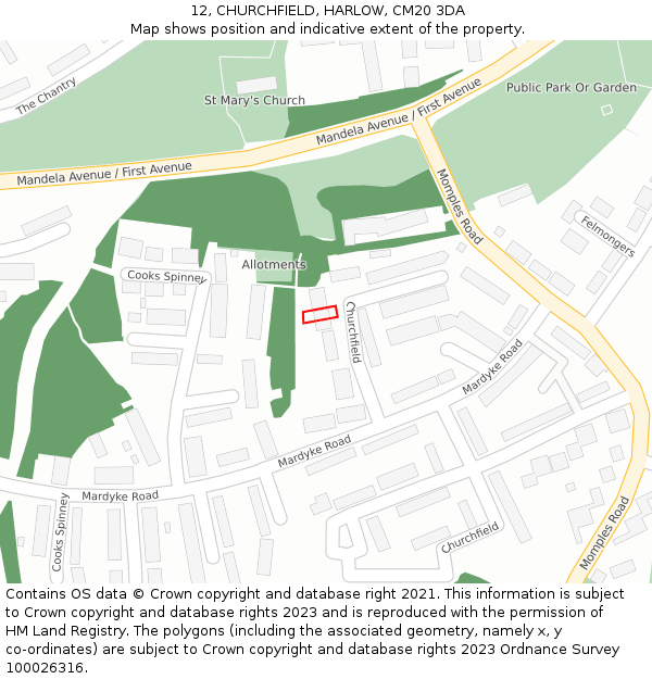 12, CHURCHFIELD, HARLOW, CM20 3DA: Location map and indicative extent of plot