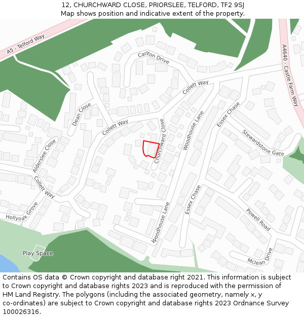 12, CHURCHWARD CLOSE, PRIORSLEE, TELFORD, TF2 9SJ: Location map and indicative extent of plot