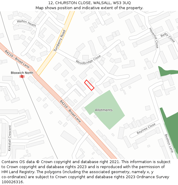 12, CHURSTON CLOSE, WALSALL, WS3 3UQ: Location map and indicative extent of plot