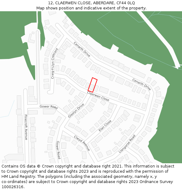 12, CLAERWEN CLOSE, ABERDARE, CF44 0LQ: Location map and indicative extent of plot