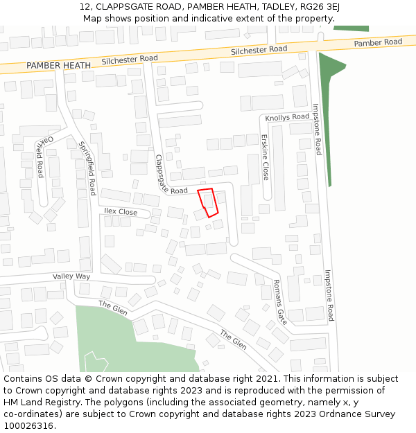 12, CLAPPSGATE ROAD, PAMBER HEATH, TADLEY, RG26 3EJ: Location map and indicative extent of plot