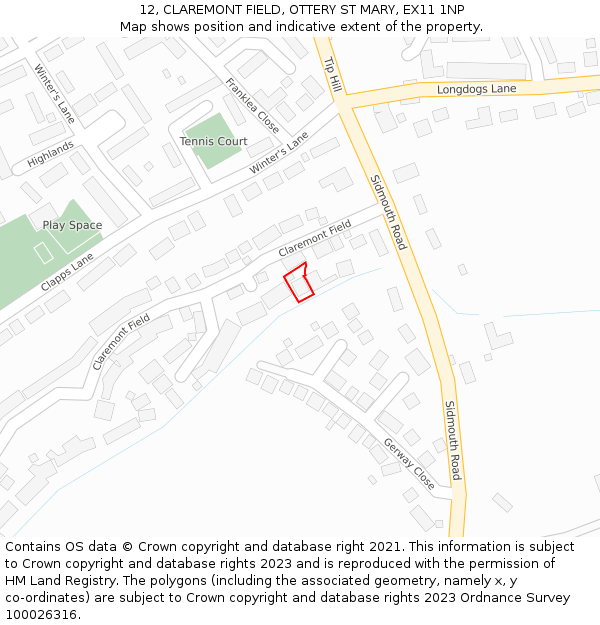 12, CLAREMONT FIELD, OTTERY ST MARY, EX11 1NP: Location map and indicative extent of plot