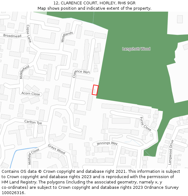 12, CLARENCE COURT, HORLEY, RH6 9GR: Location map and indicative extent of plot