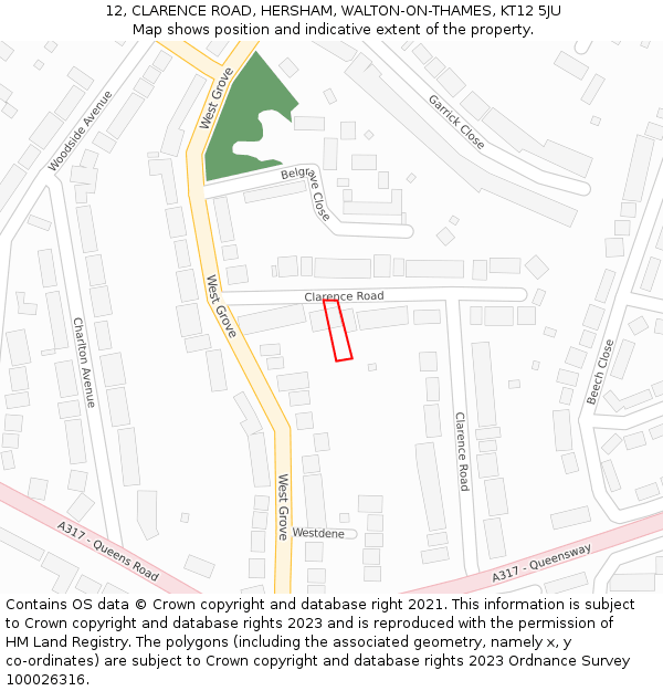 12, CLARENCE ROAD, HERSHAM, WALTON-ON-THAMES, KT12 5JU: Location map and indicative extent of plot