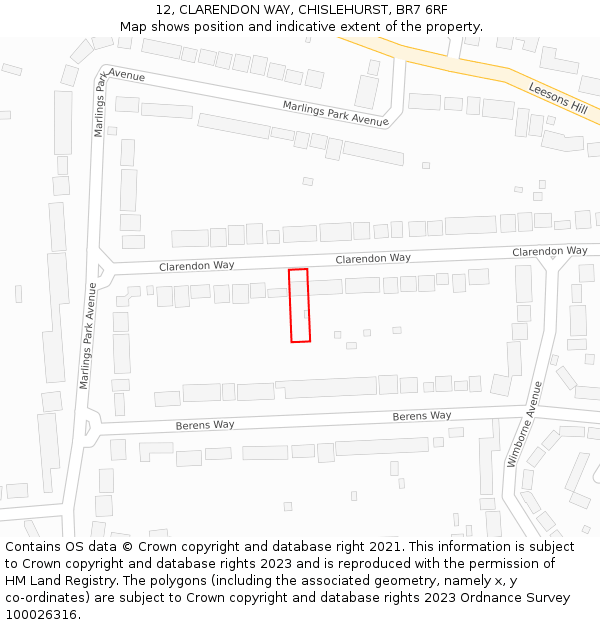 12, CLARENDON WAY, CHISLEHURST, BR7 6RF: Location map and indicative extent of plot