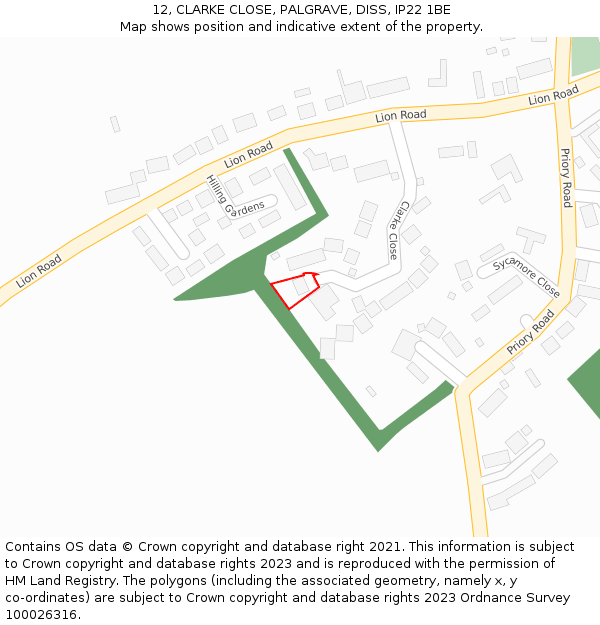 12, CLARKE CLOSE, PALGRAVE, DISS, IP22 1BE: Location map and indicative extent of plot