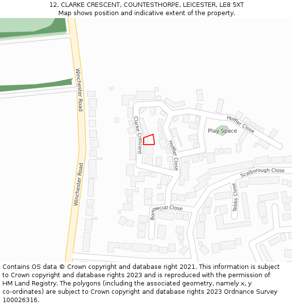 12, CLARKE CRESCENT, COUNTESTHORPE, LEICESTER, LE8 5XT: Location map and indicative extent of plot