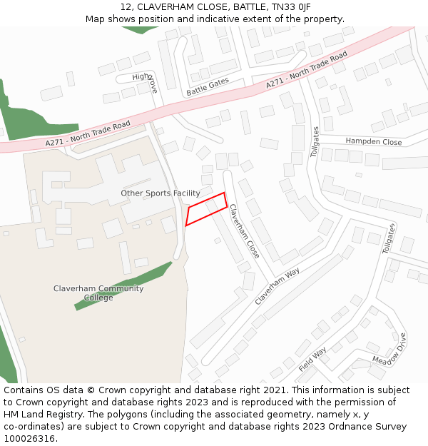 12, CLAVERHAM CLOSE, BATTLE, TN33 0JF: Location map and indicative extent of plot