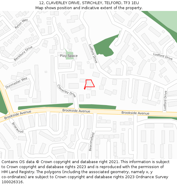12, CLAVERLEY DRIVE, STIRCHLEY, TELFORD, TF3 1EU: Location map and indicative extent of plot