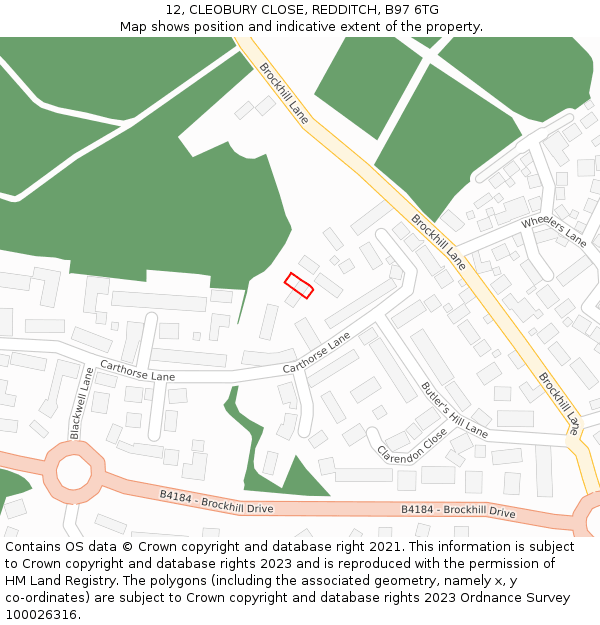 12, CLEOBURY CLOSE, REDDITCH, B97 6TG: Location map and indicative extent of plot