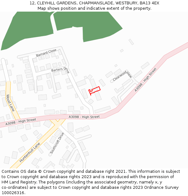 12, CLEYHILL GARDENS, CHAPMANSLADE, WESTBURY, BA13 4EX: Location map and indicative extent of plot