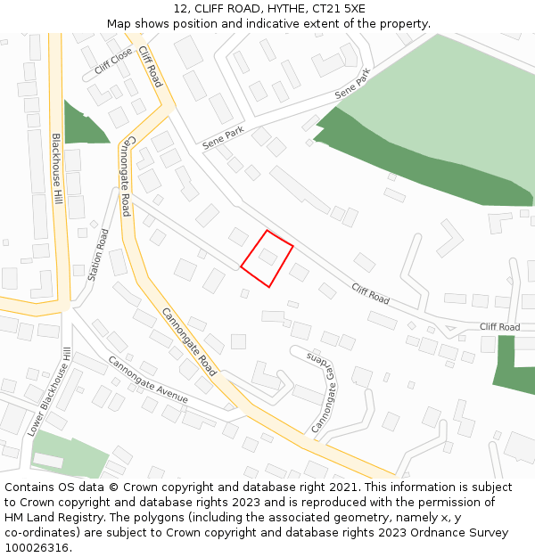 12, CLIFF ROAD, HYTHE, CT21 5XE: Location map and indicative extent of plot