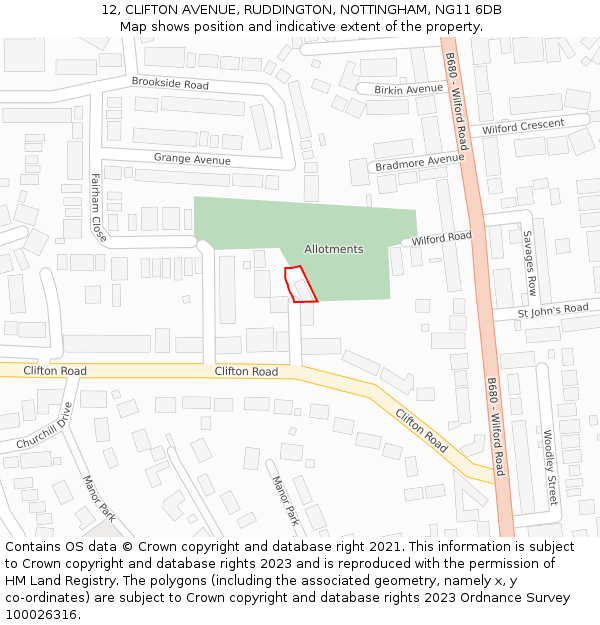 12, CLIFTON AVENUE, RUDDINGTON, NOTTINGHAM, NG11 6DB: Location map and indicative extent of plot