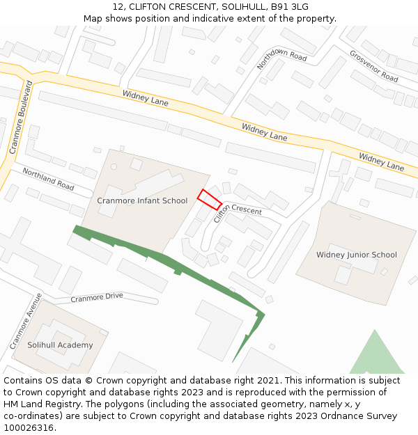 12, CLIFTON CRESCENT, SOLIHULL, B91 3LG: Location map and indicative extent of plot