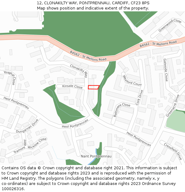 12, CLONAKILTY WAY, PONTPRENNAU, CARDIFF, CF23 8PS: Location map and indicative extent of plot
