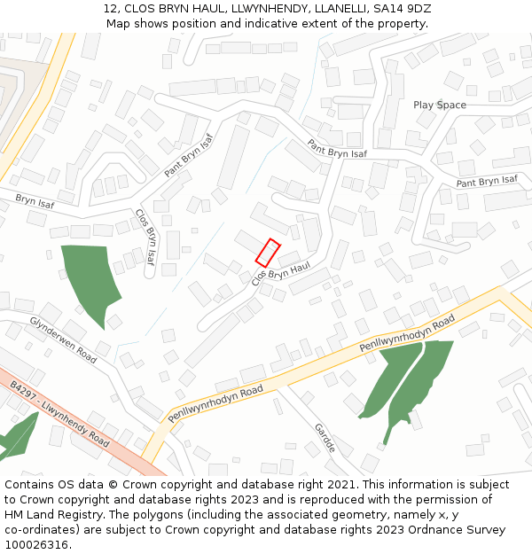 12, CLOS BRYN HAUL, LLWYNHENDY, LLANELLI, SA14 9DZ: Location map and indicative extent of plot