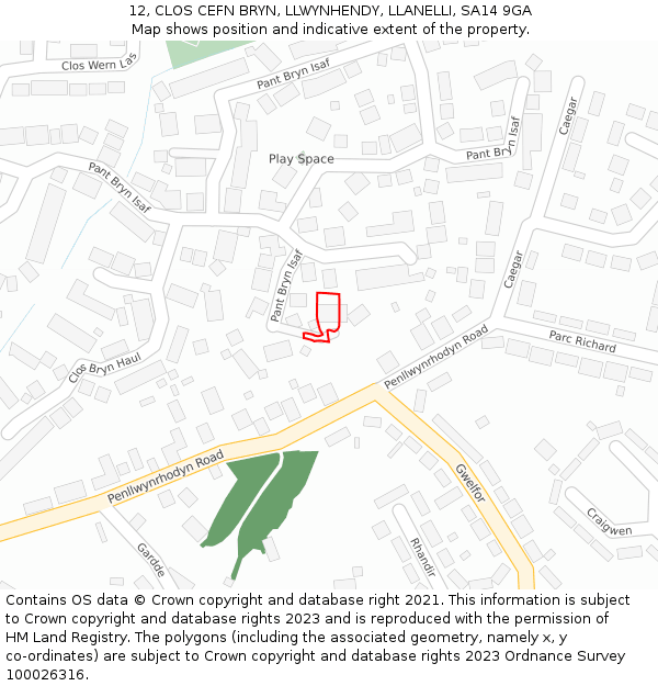 12, CLOS CEFN BRYN, LLWYNHENDY, LLANELLI, SA14 9GA: Location map and indicative extent of plot