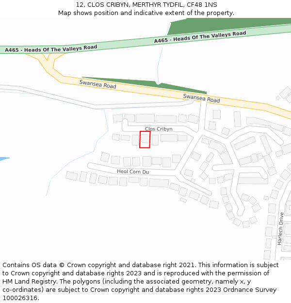 12, CLOS CRIBYN, MERTHYR TYDFIL, CF48 1NS: Location map and indicative extent of plot