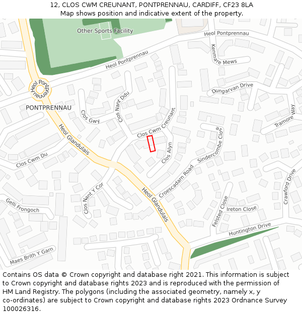 12, CLOS CWM CREUNANT, PONTPRENNAU, CARDIFF, CF23 8LA: Location map and indicative extent of plot