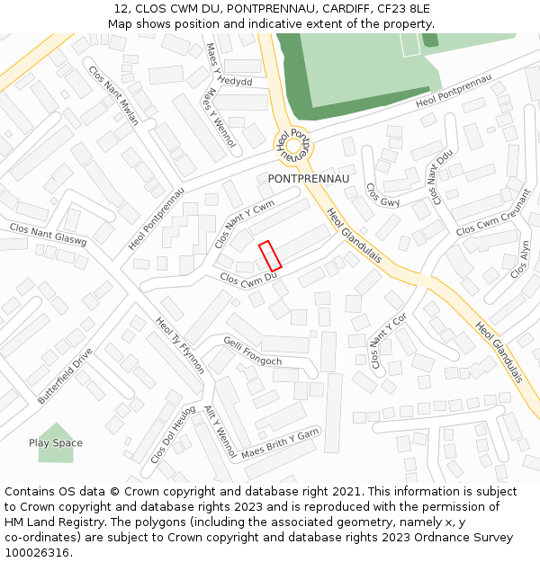 12, CLOS CWM DU, PONTPRENNAU, CARDIFF, CF23 8LE: Location map and indicative extent of plot