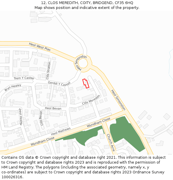 12, CLOS MEREDITH, COITY, BRIDGEND, CF35 6HQ: Location map and indicative extent of plot
