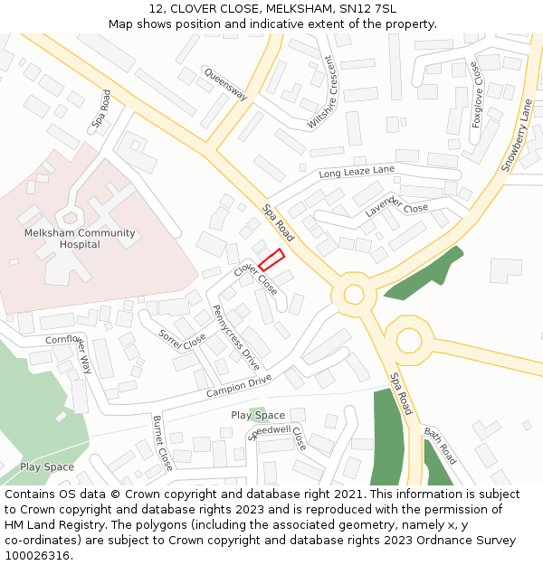 12, CLOVER CLOSE, MELKSHAM, SN12 7SL: Location map and indicative extent of plot