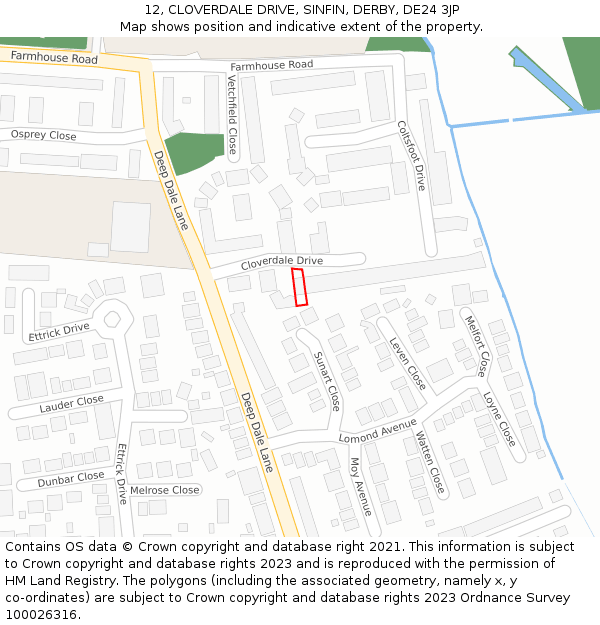 12, CLOVERDALE DRIVE, SINFIN, DERBY, DE24 3JP: Location map and indicative extent of plot